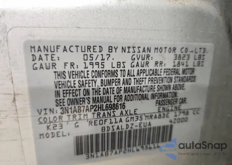 2017 Nissan Sentra S z USA, uszkodzony, nr VIN 3N1AB7AP2HL698616